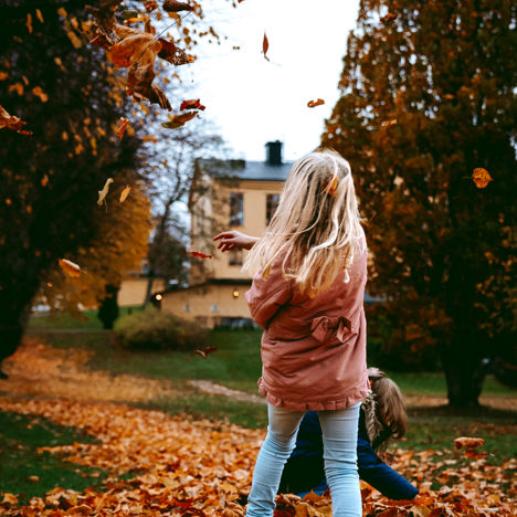 Barn leker i lövhög