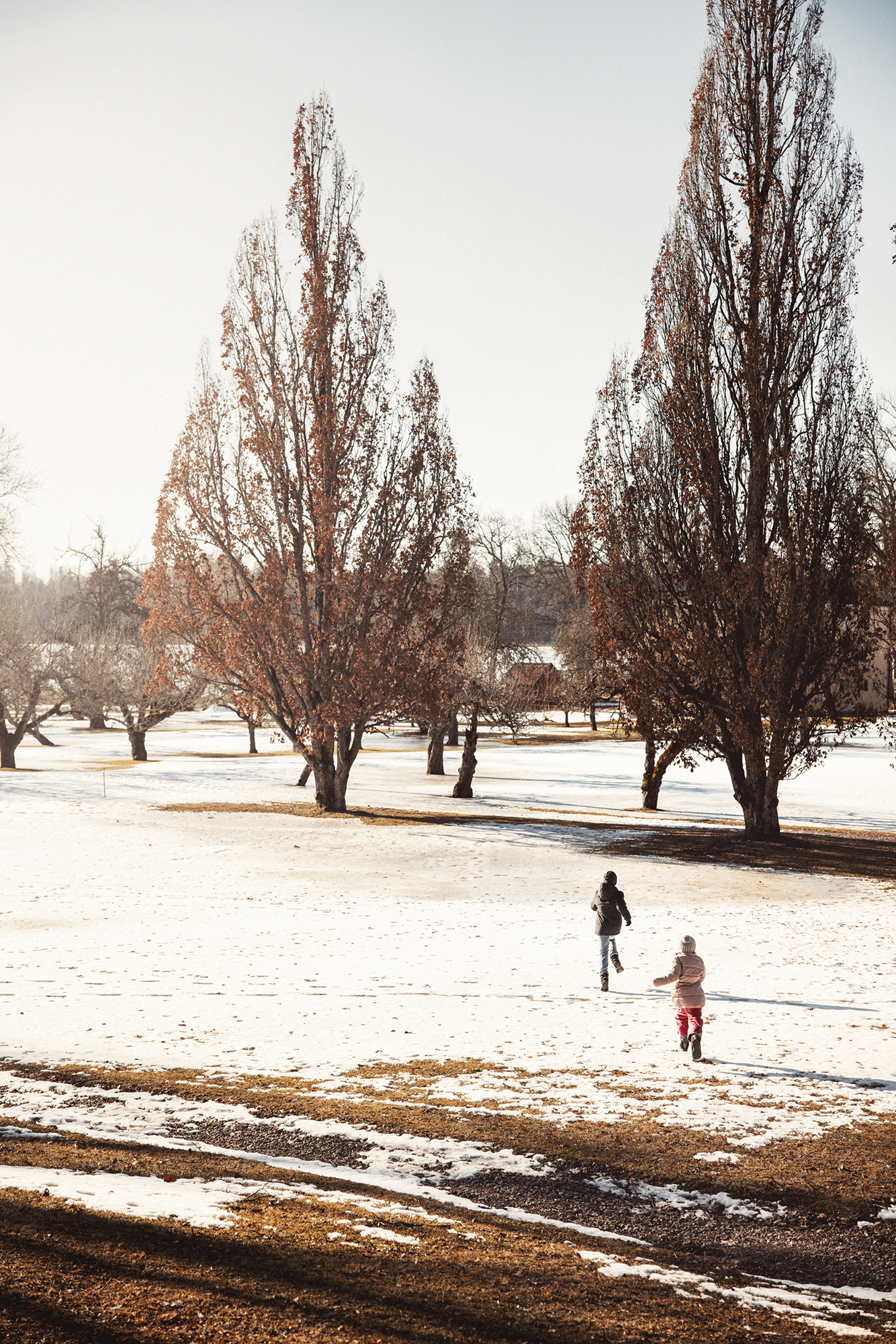 Två barn leker i herrgårdens trädgård på vintern